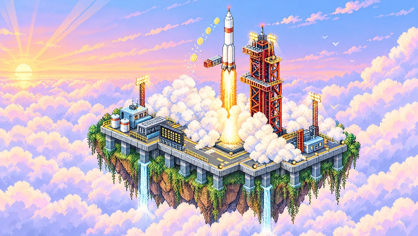 Pixel art of a rocket lifting off a launch pier on the edge of a floating island at sunrise, its exhaust rolling into the sea of clouds below, with gold coins trailing behind.