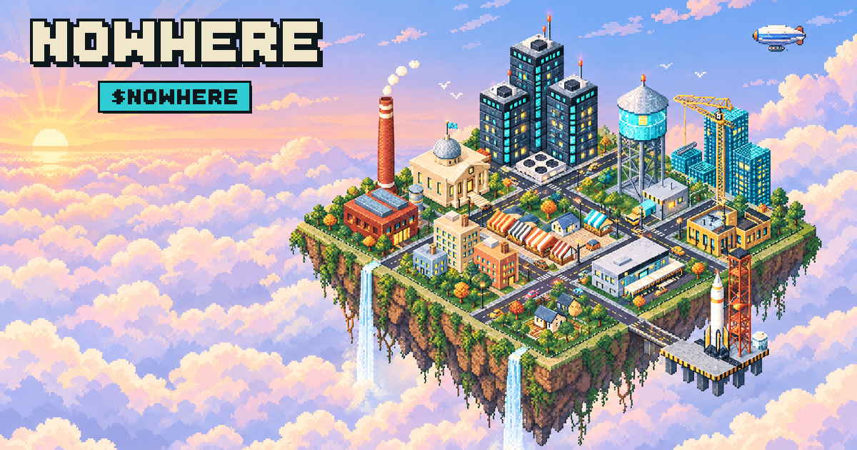 Pixel-art cover: Nowhere, an isometric city on an island floating above a sea of clouds at sunrise, with dark GPU towers, a glass water tower, a domed city hall, a brick furnace stack, waterfalls pouring off its edge and a rocket on its launch pier, beside the Nowhere $NOWHERE logo.