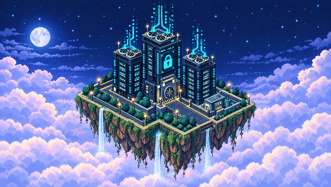 Pixel art of the Private AI Quarter at night: three dark GPU towers with a glowing cyan padlock on the middle one, standing on a small floating rock island above moonlit clouds, with waterfalls spilling off its edge.